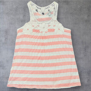 Forever 21 Y2K Tank Top Pink Cream Stripe Racer Back Flowers Crochet Festival S